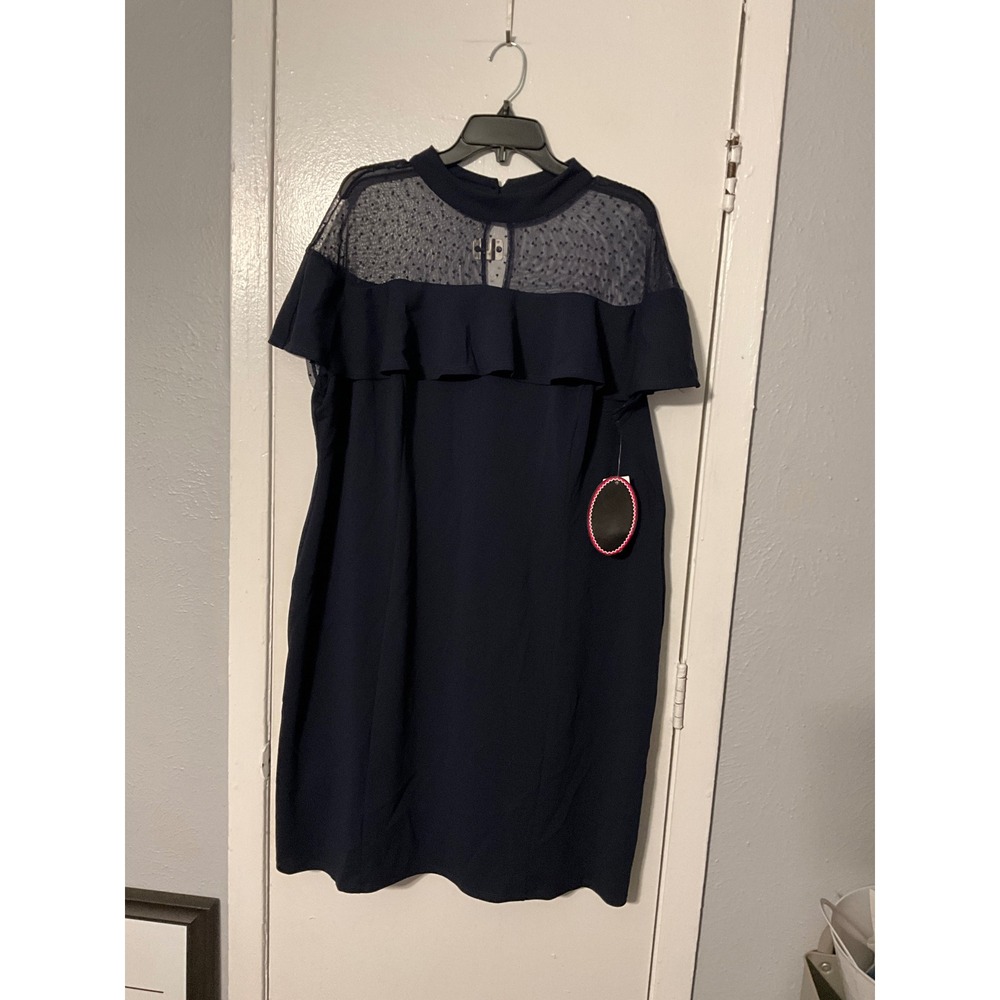 Paper‎ Doll Navy Blue Swiss Dot Mesh Ruffle Shift Dress Plus Size 3X NWT